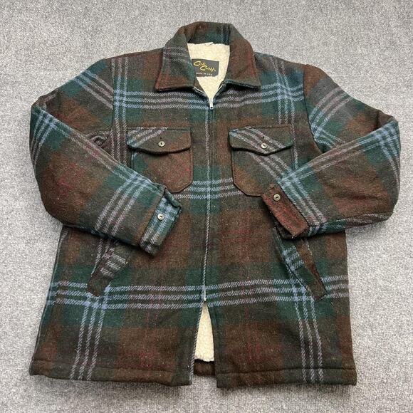 Vintage Cal Craft Jacket Mens Large 42-44 Green Brown Plaid Sherpa Lined USA 80s - Picture 1 of 9